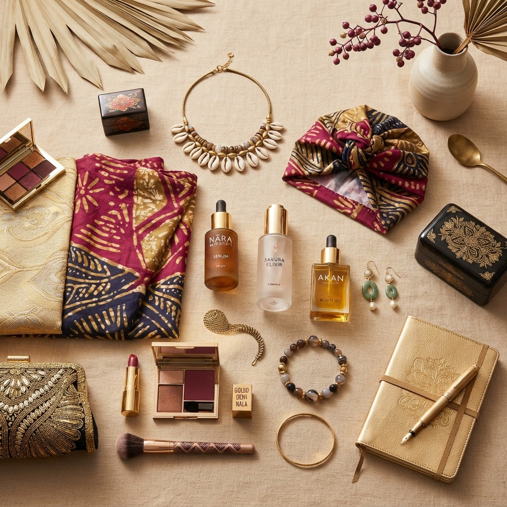 Flat lay of beauty and fashion retail products