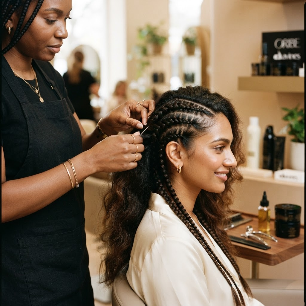 Hairdresser styling textured hair with professional tools